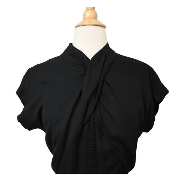 Vintage 50s Film Noir Ruched Shawl Neck Crochet Center Black Deco Dress - Picture 3 of 10